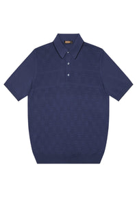 Polo à motif damier texturé en soie - Bleu & Noir