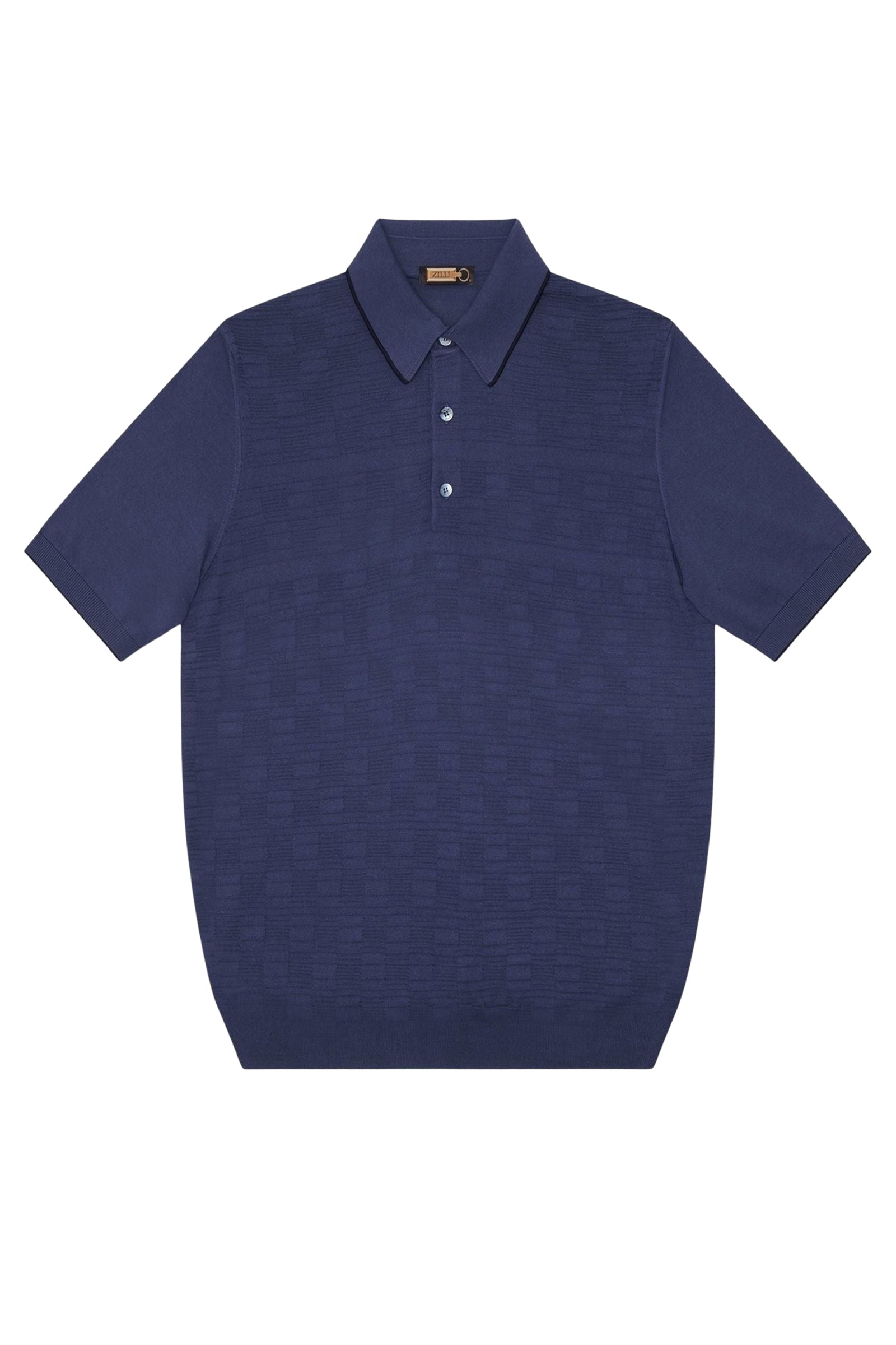 Polo à motif damier texturé en soie - Bleu & Noir