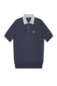 Polo shirt with embroidered heraldic motif in mixed silk - Blue