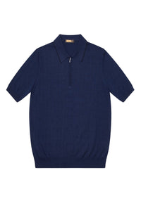 Polo texturée à zip et col côtelé en soie - Bleu