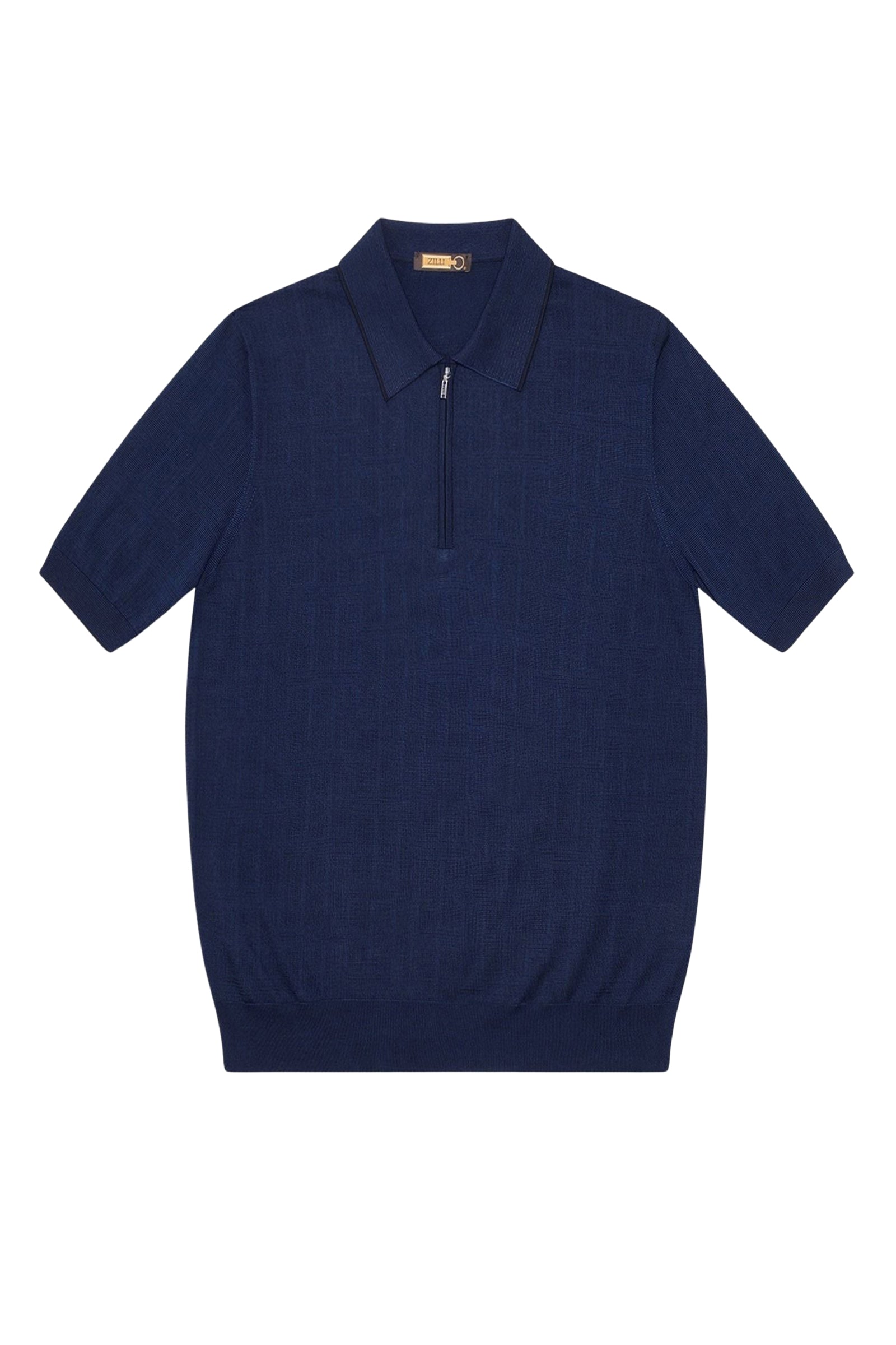 Polo texturée à zip et col côtelé en soie - Bleu