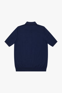 Polo texturée à zip et col côtelé en soie - Bleu