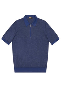 Polo zippé à maille chinée en soie - Marine