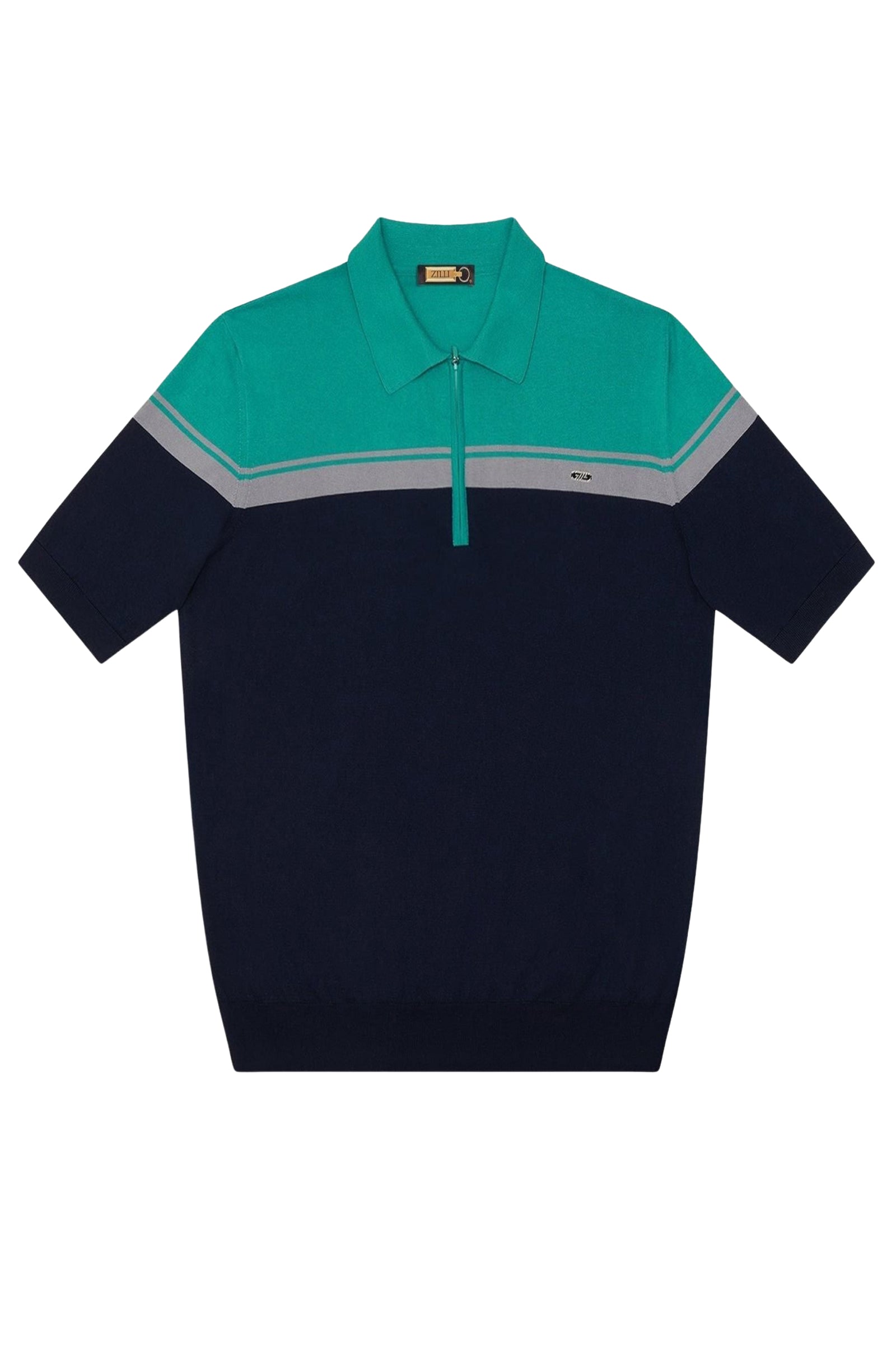 Polo zippé en soie mélangée - Bleu & Vert