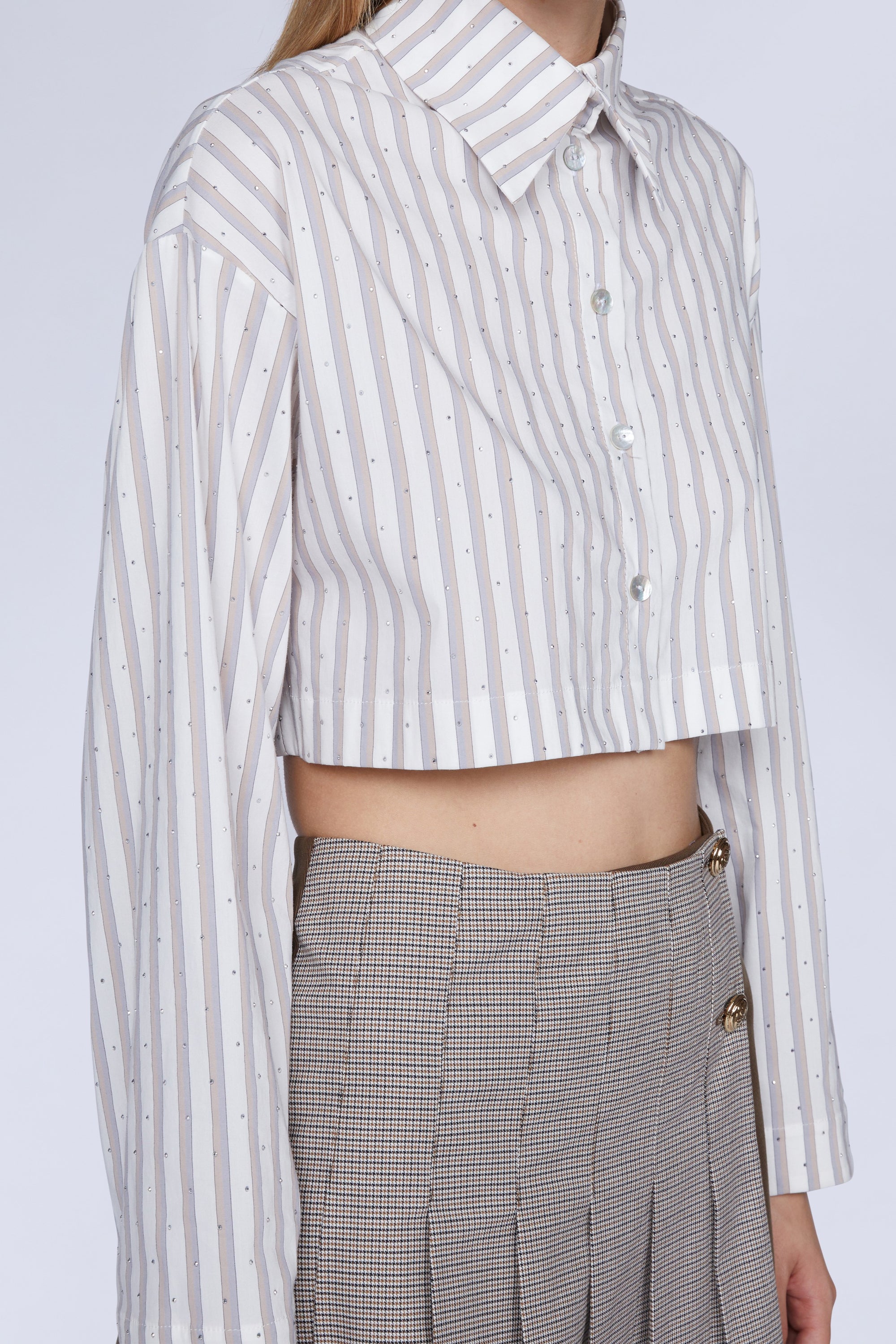 Chemise crop à rayures et strass - Avorio Fantasia Argento