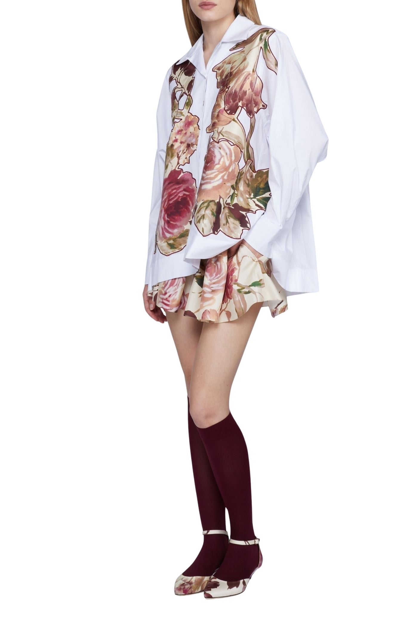 Chemise avec empiècement imprimé roses - Bianco Fantasia