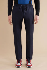 Pantalon à taille élastiquée et plis en laine - Bleu