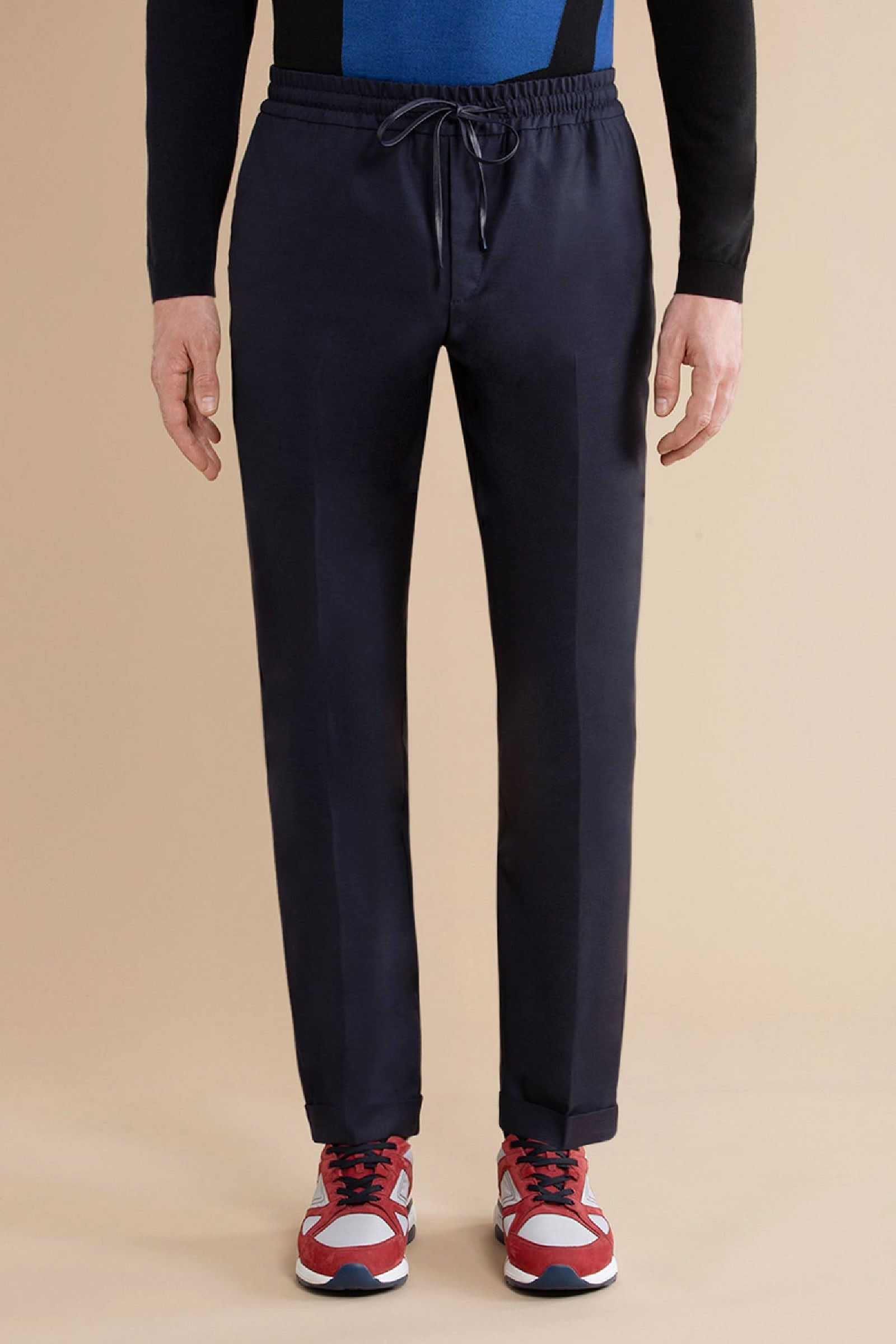 Pantalon à taille élastiquée et plis en laine - Bleu