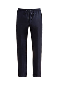 Pantalon à taille élastiquée et plis en laine - Bleu