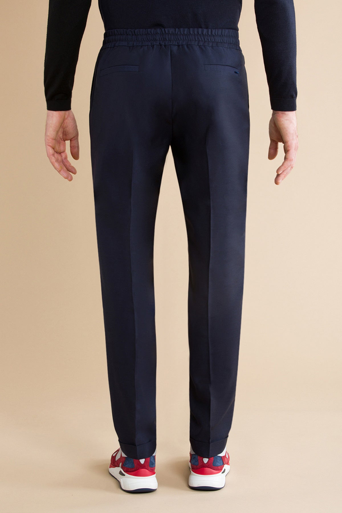 Pantalon à taille élastiquée et plis en laine - Bleu