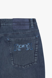 Pantalon à effet délavé et surpiqûres en denim - Blue