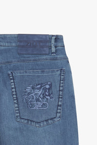 Pantalon à surpiqûres délavées en denim - Blue
