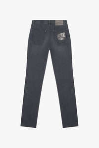 Jean droit à broderie délavé - Gris