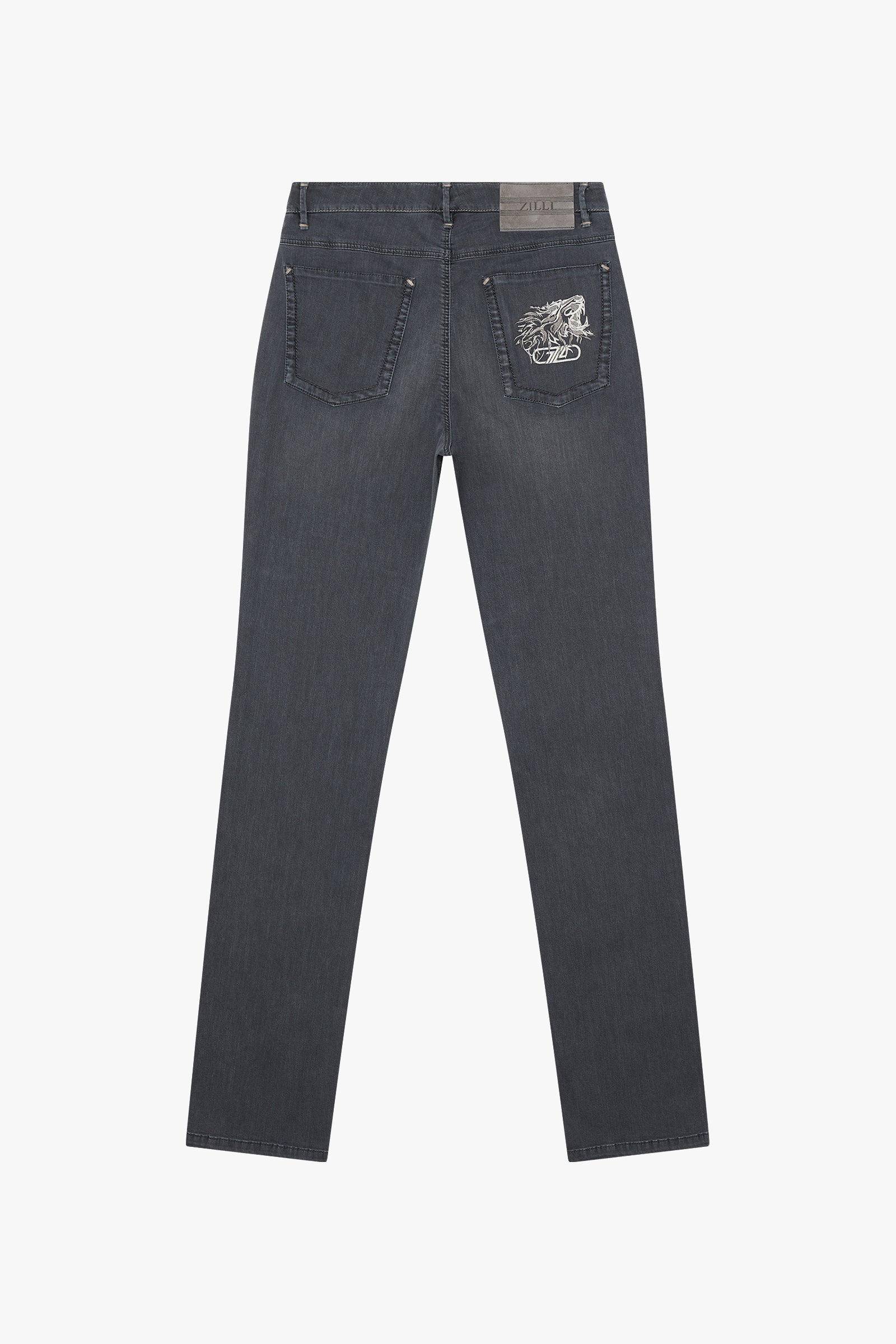 Jean droit à broderie délavé - Gris