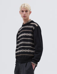Pull col rond à motif Fair Isle abstrait - Black & Natural & Grey