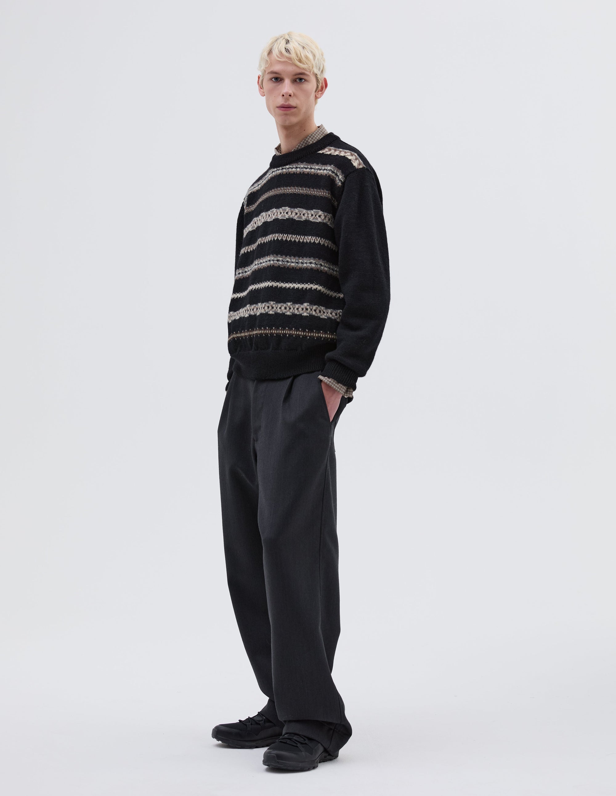 Pull col rond à motif Fair Isle abstrait - Black & Natural & Grey