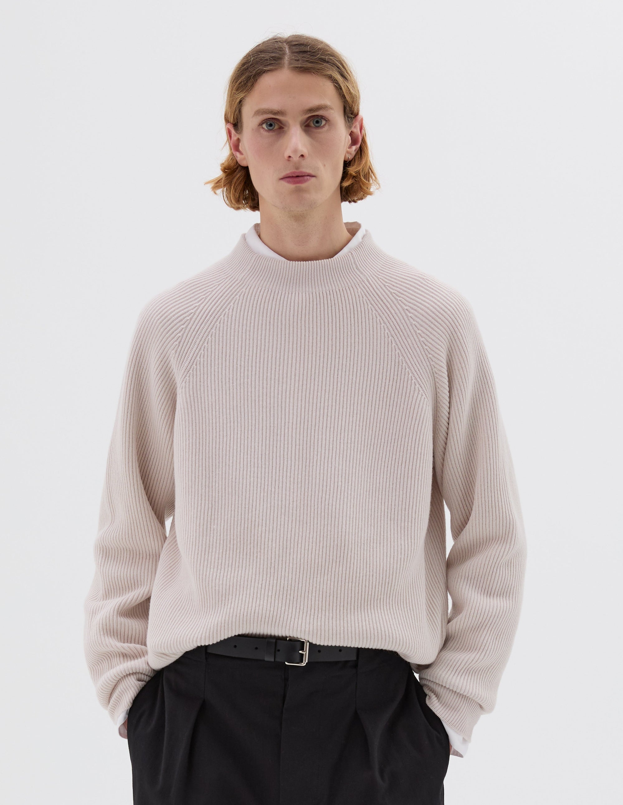 Pull col rond en maille côtelée - Beige & White
