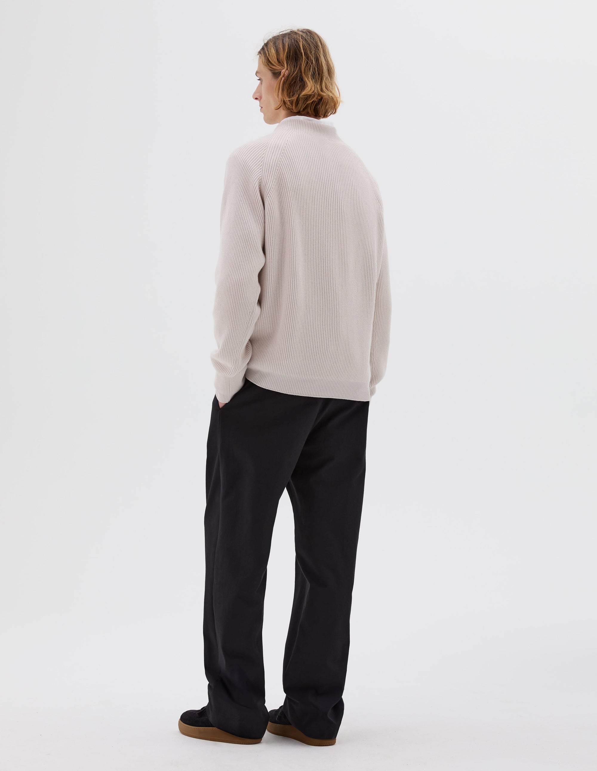 Pull col rond en maille côtelée - Beige & White