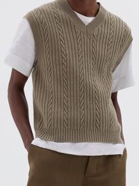 Sleeveless cable-knit wool jumper - Beige & Green