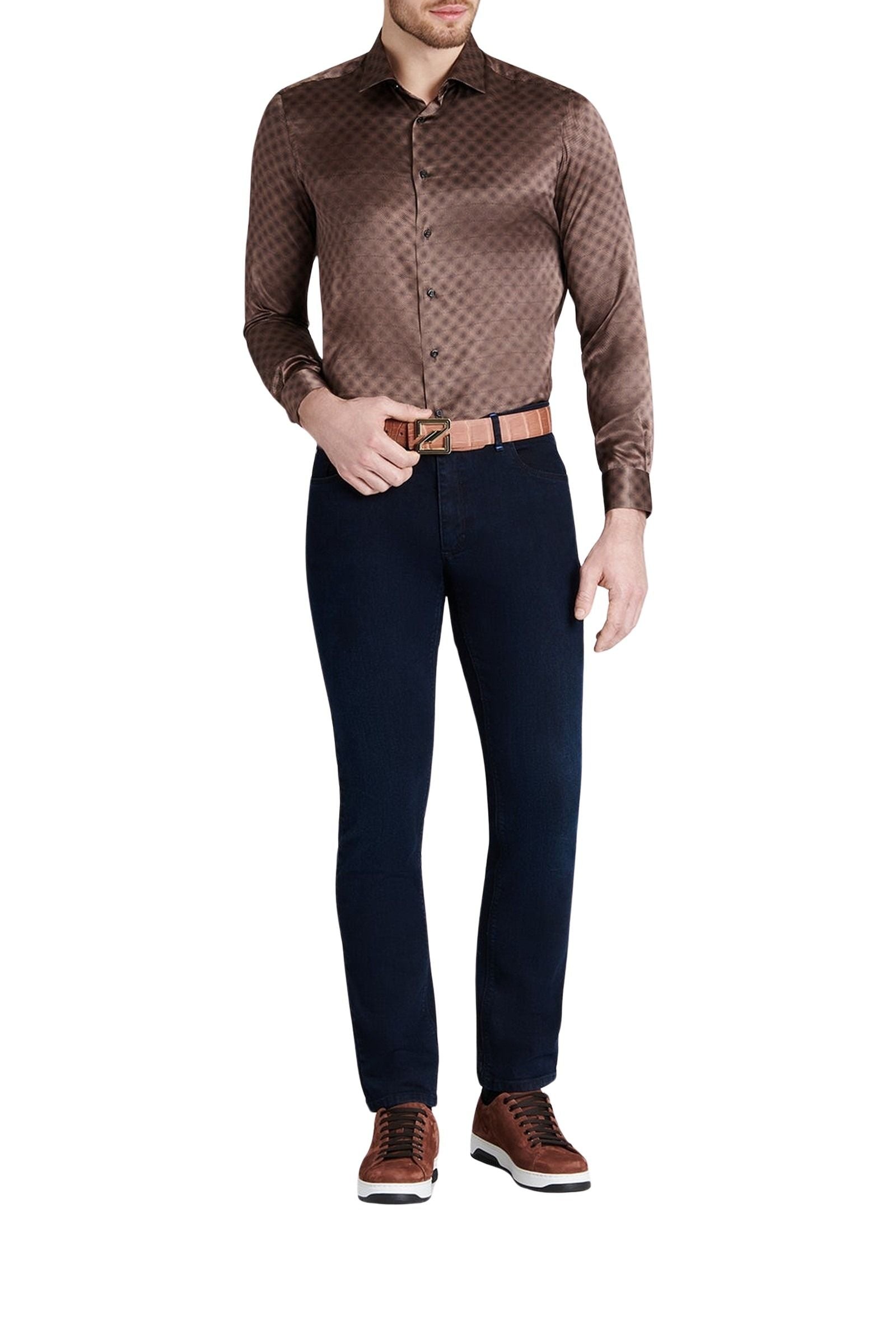 Chemise à motif géométrique satiné en soie - Marron