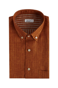 Chemise à col boutonné et rayé en lin - Orange & Beige