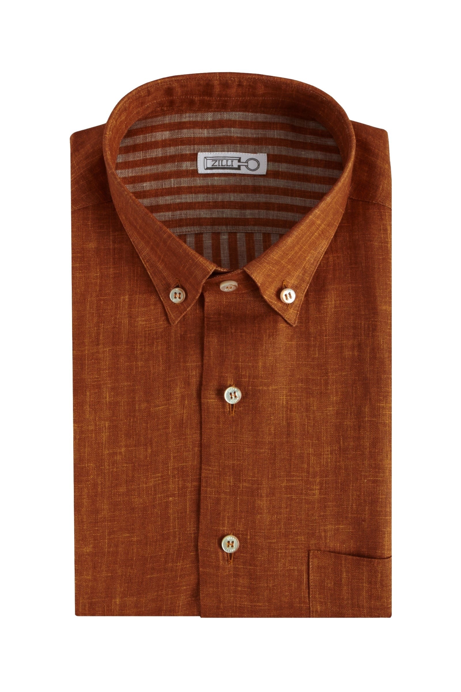 Chemise à col boutonné et rayé en lin - Orange & Beige