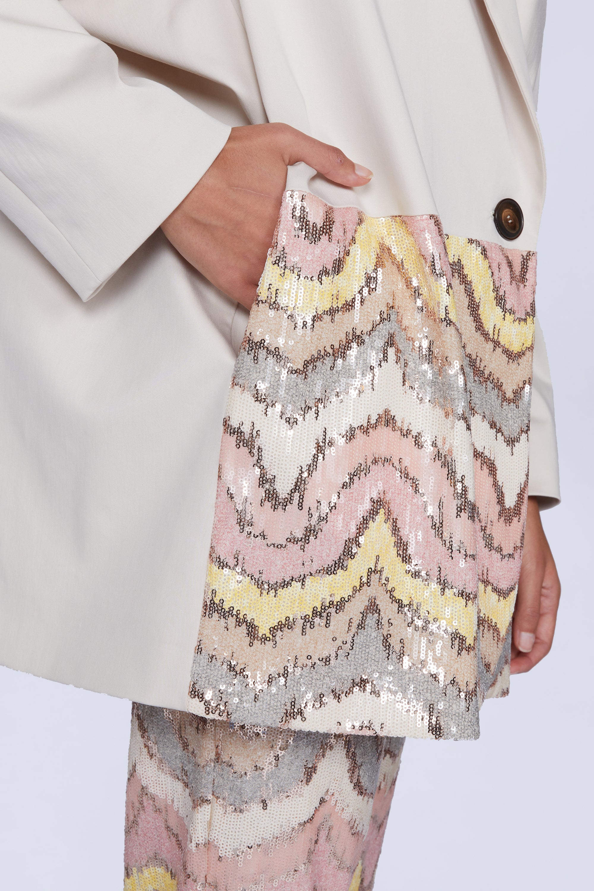 VESTE OVERSIZE 1 BOUTON AVEC PAILLETTES ROSES ET JAUNES