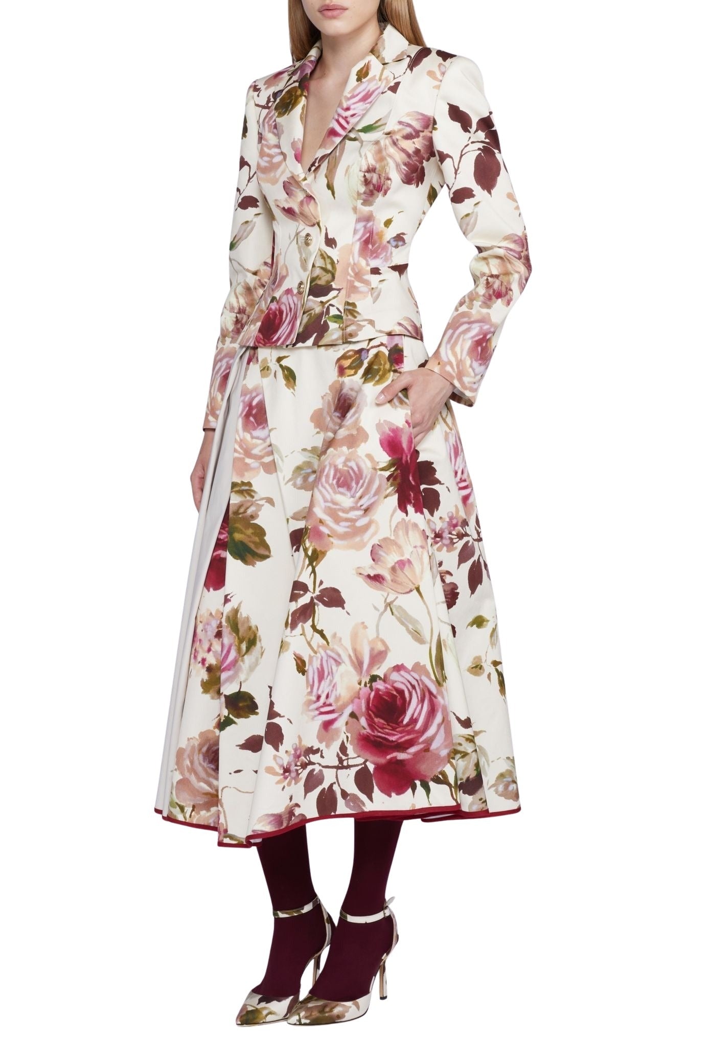 Veste slim 3 boutons imprimé roses - Crema Fantasia Bordeaux
