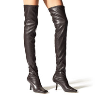 Mire 85 thigh-high boots in leather and stretch fabric - Brown & Brown