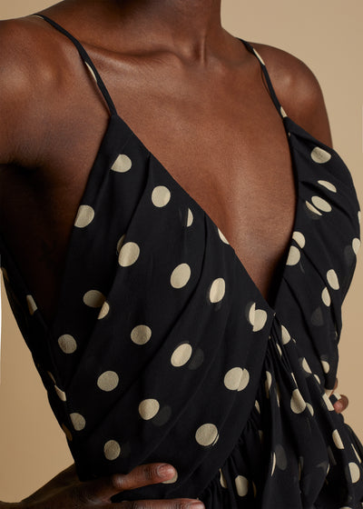 Mista top in silk - Black & Creme Small Dot