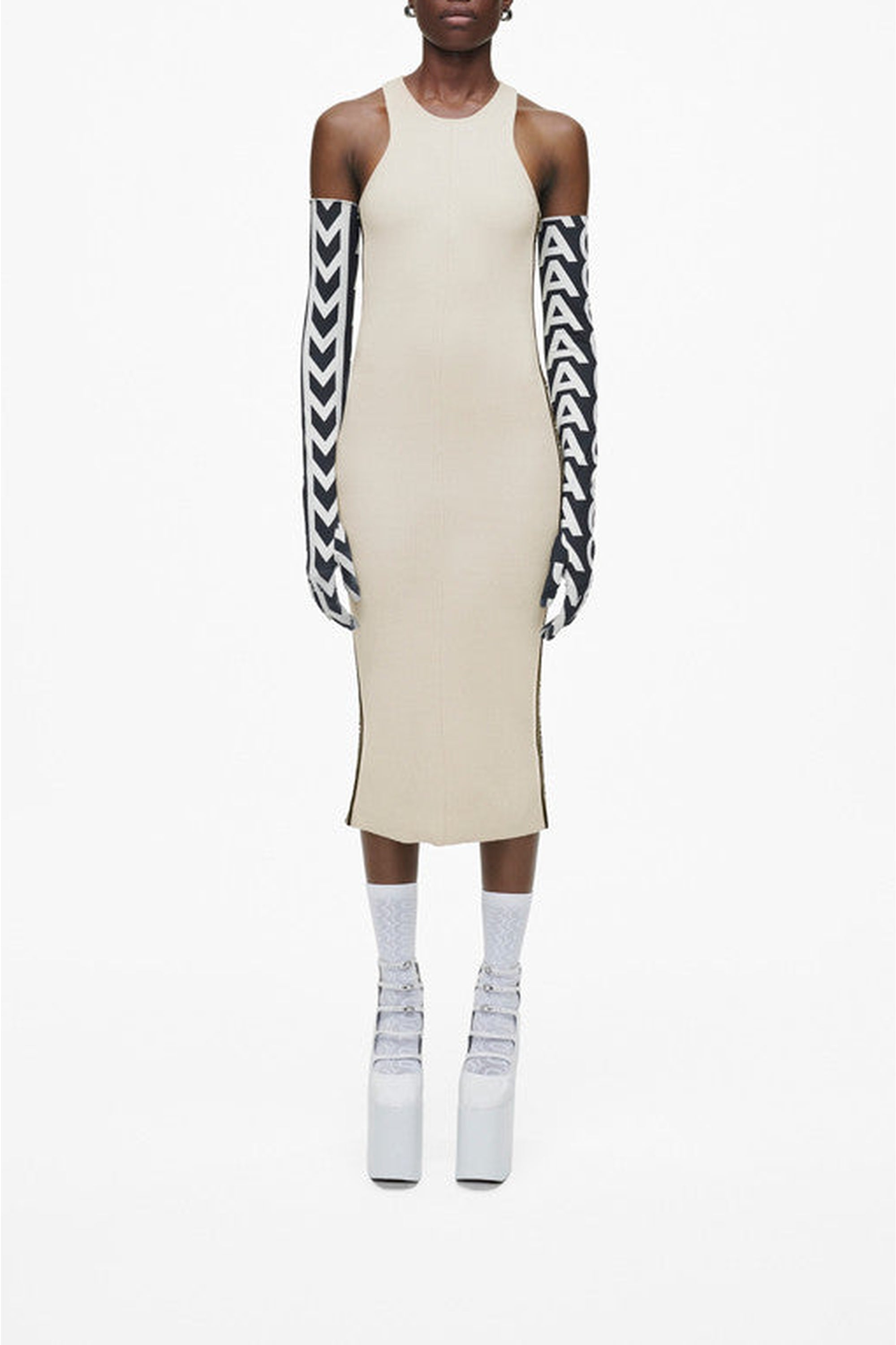 Robe midi sans manches et moulante en laine - Ivory & Black