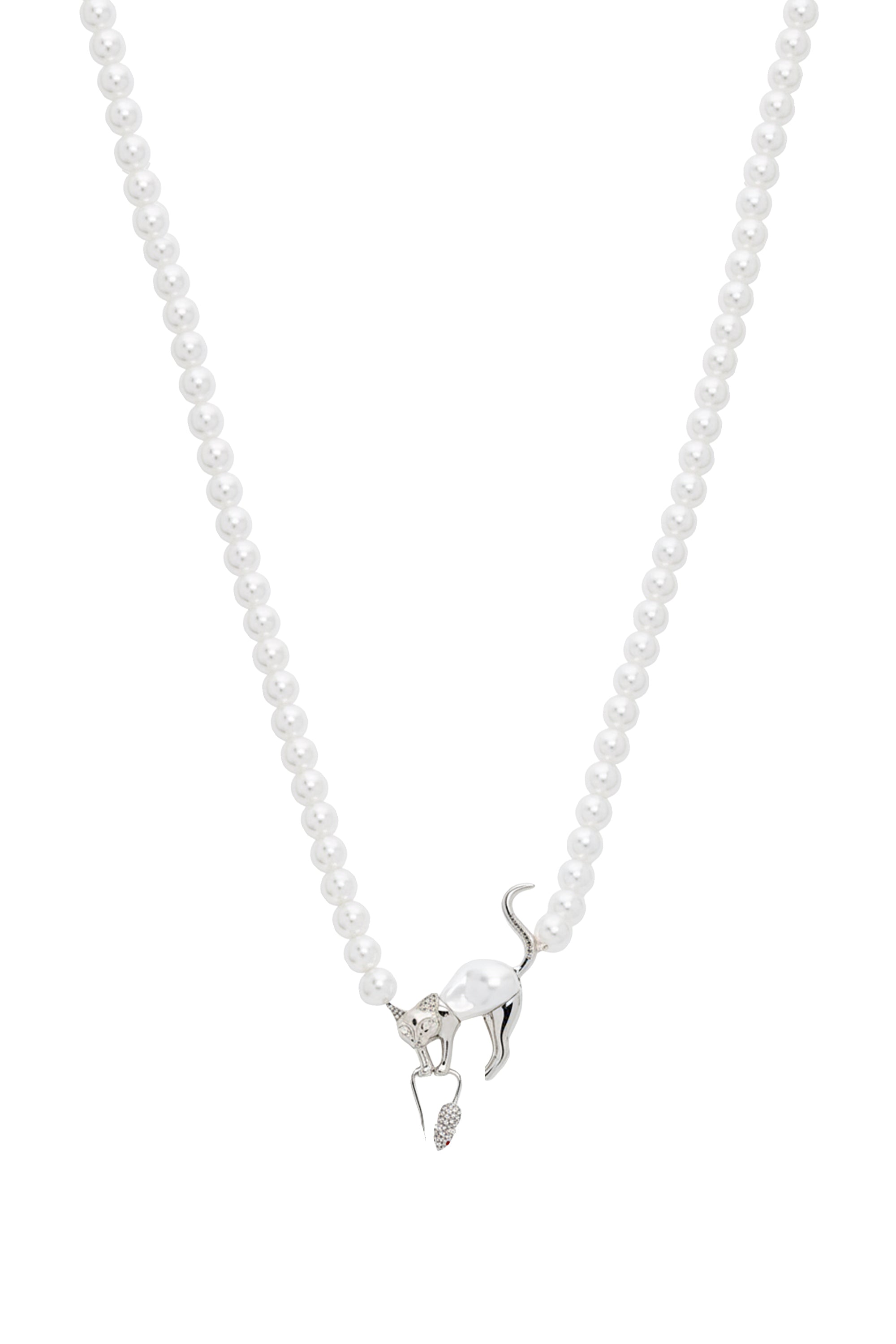 Cat and mouse pearl necklace - Silver & White