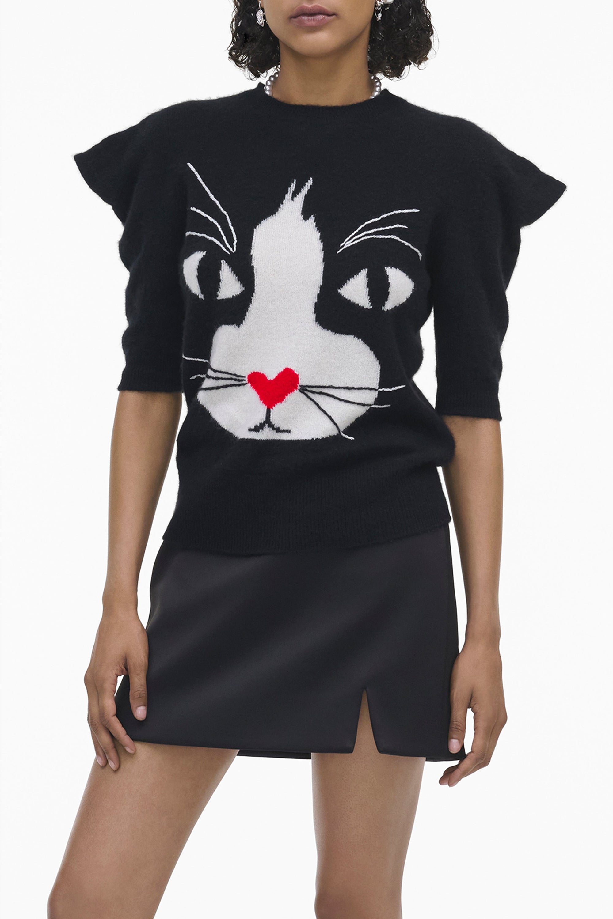 Pull imprimé chat en cachemire - Black