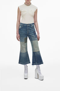 Pantacourt évasé patchwork en denim - Indigo Multicolor