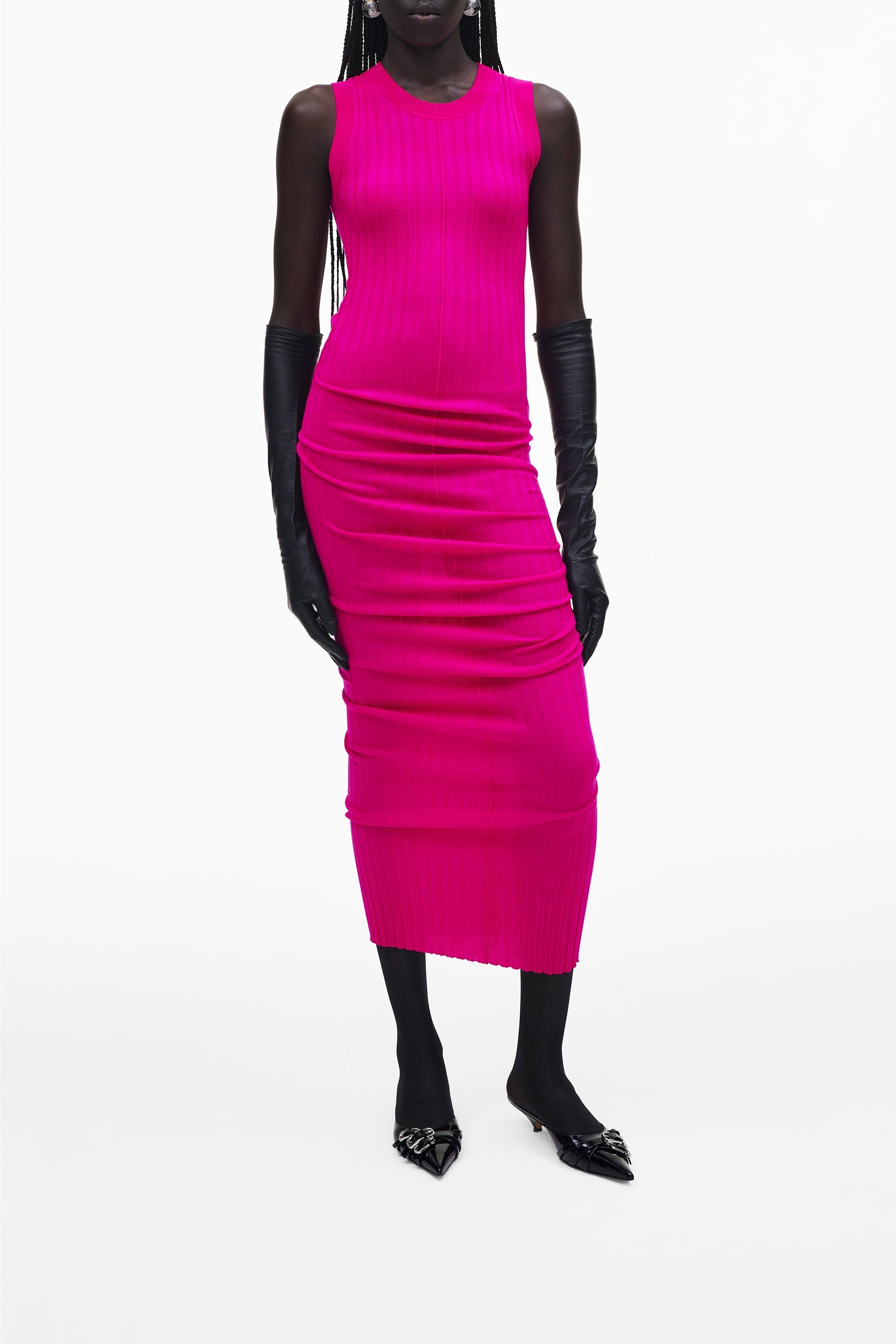 Robe midi côtelée et torsadé en laine - Hot Pink