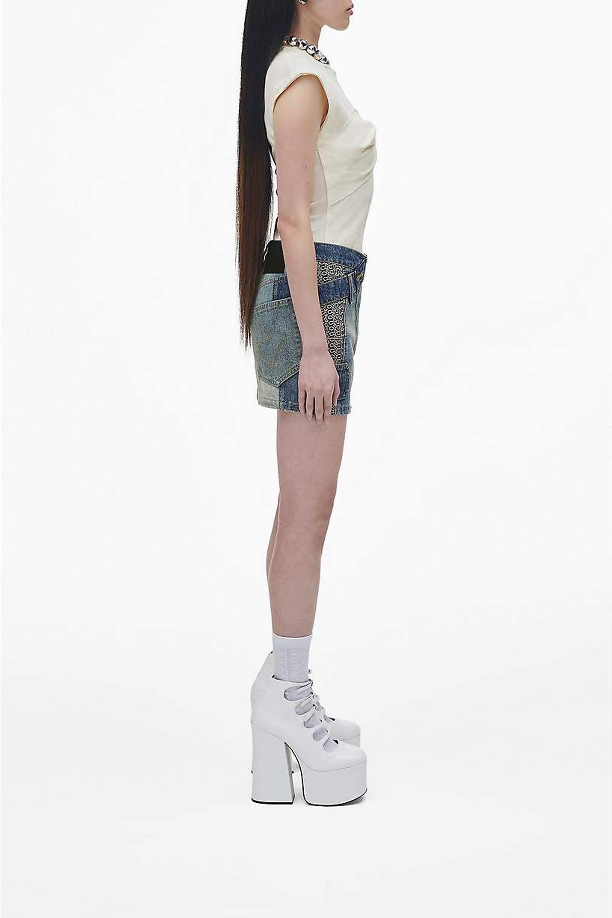 Jupe courte patchwork délavée en denim - Indigo