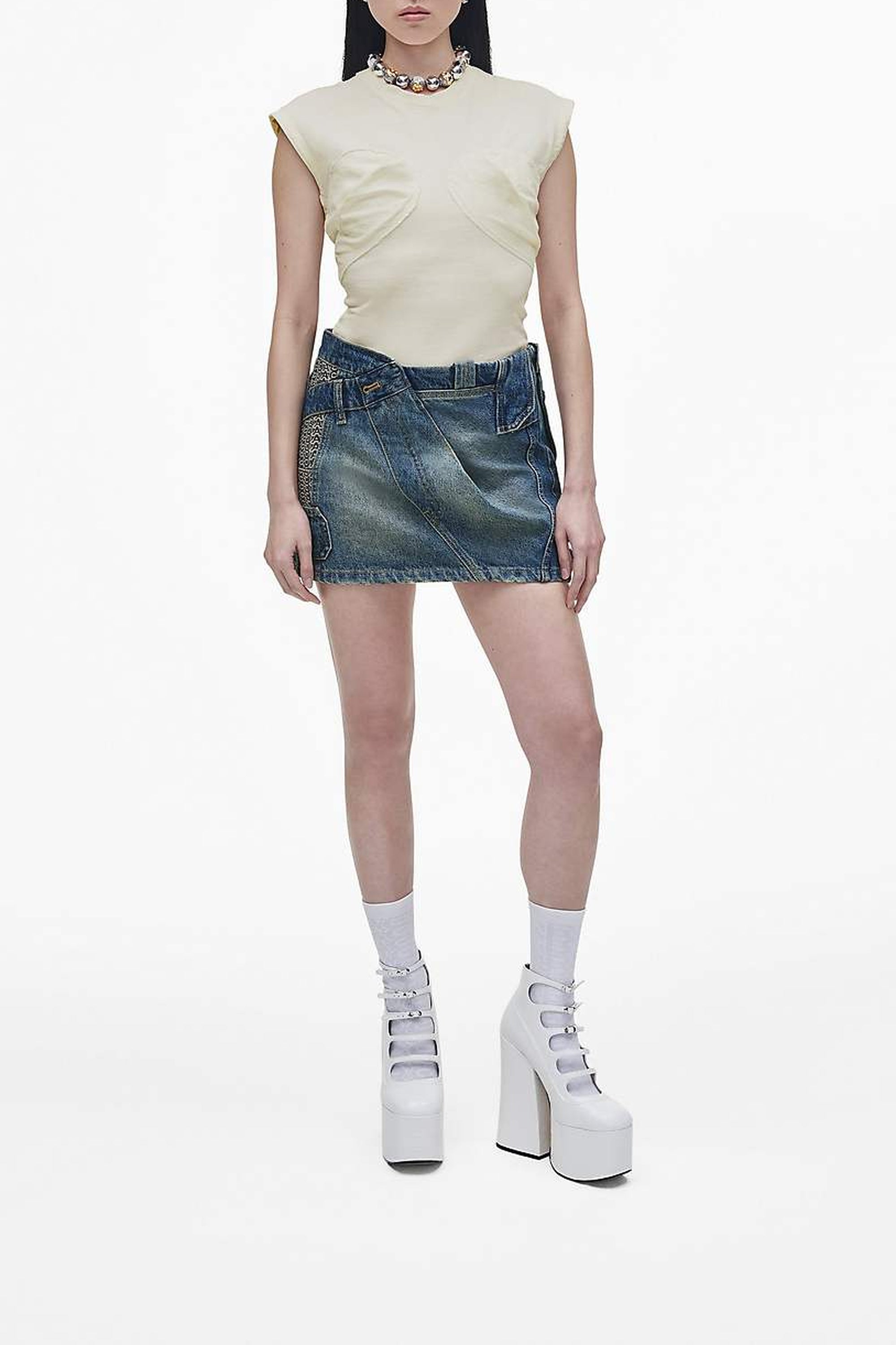 Jupe courte patchwork délavée en denim - Indigo