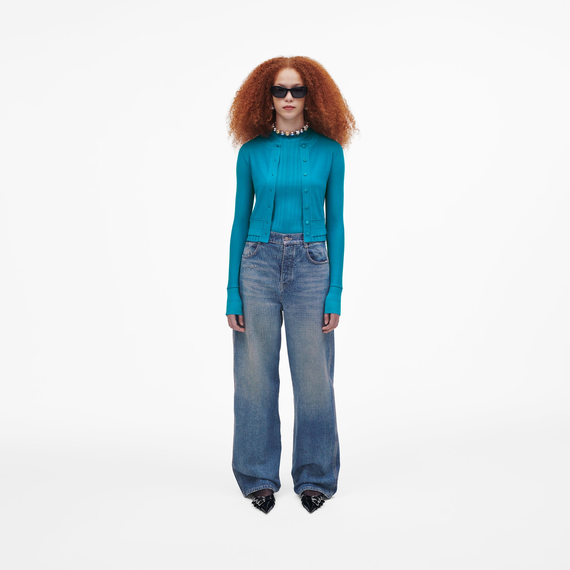 Cardigan à rayures fines en laine - Aqua