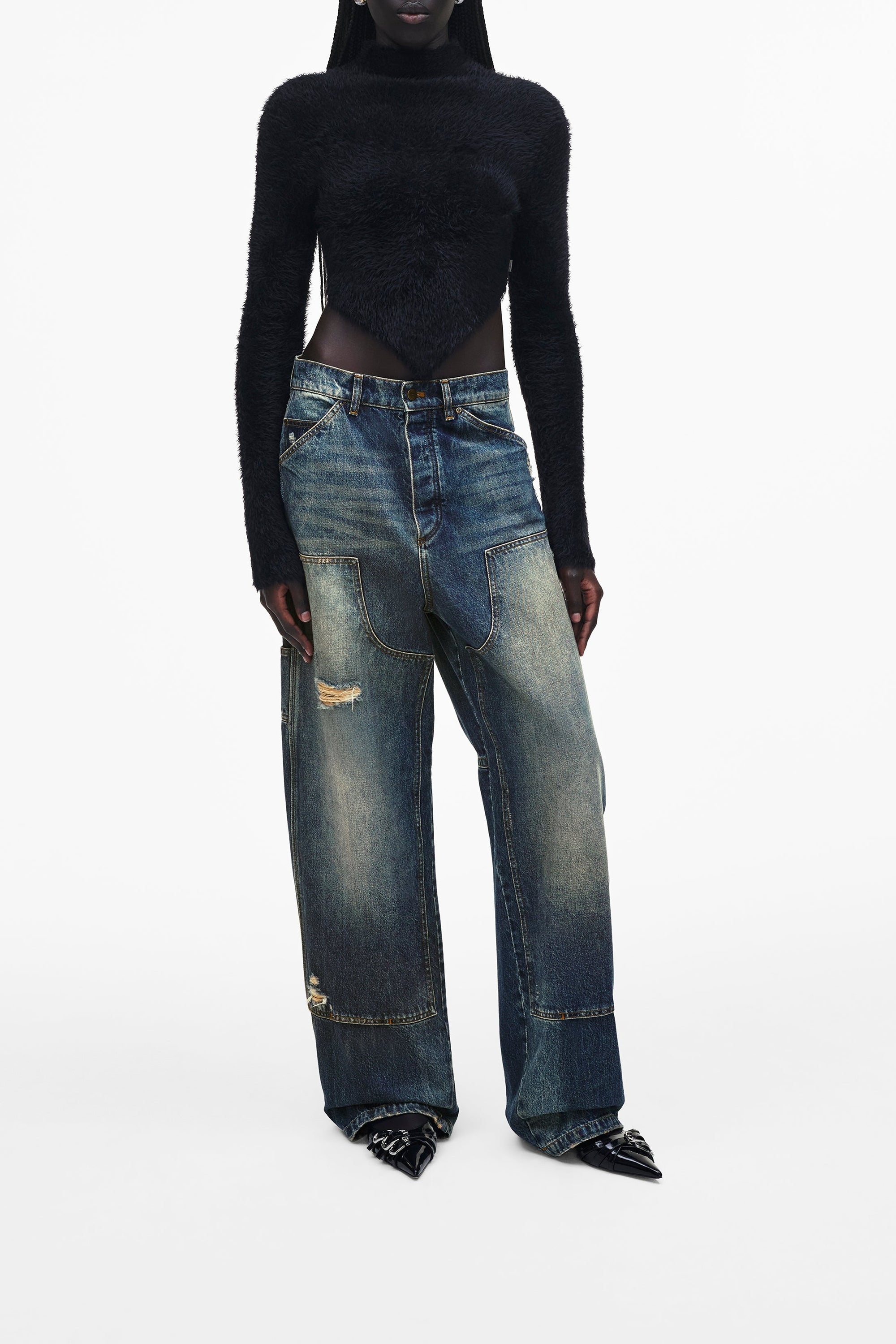 Grunge Hairy Pointed Sweater - Black