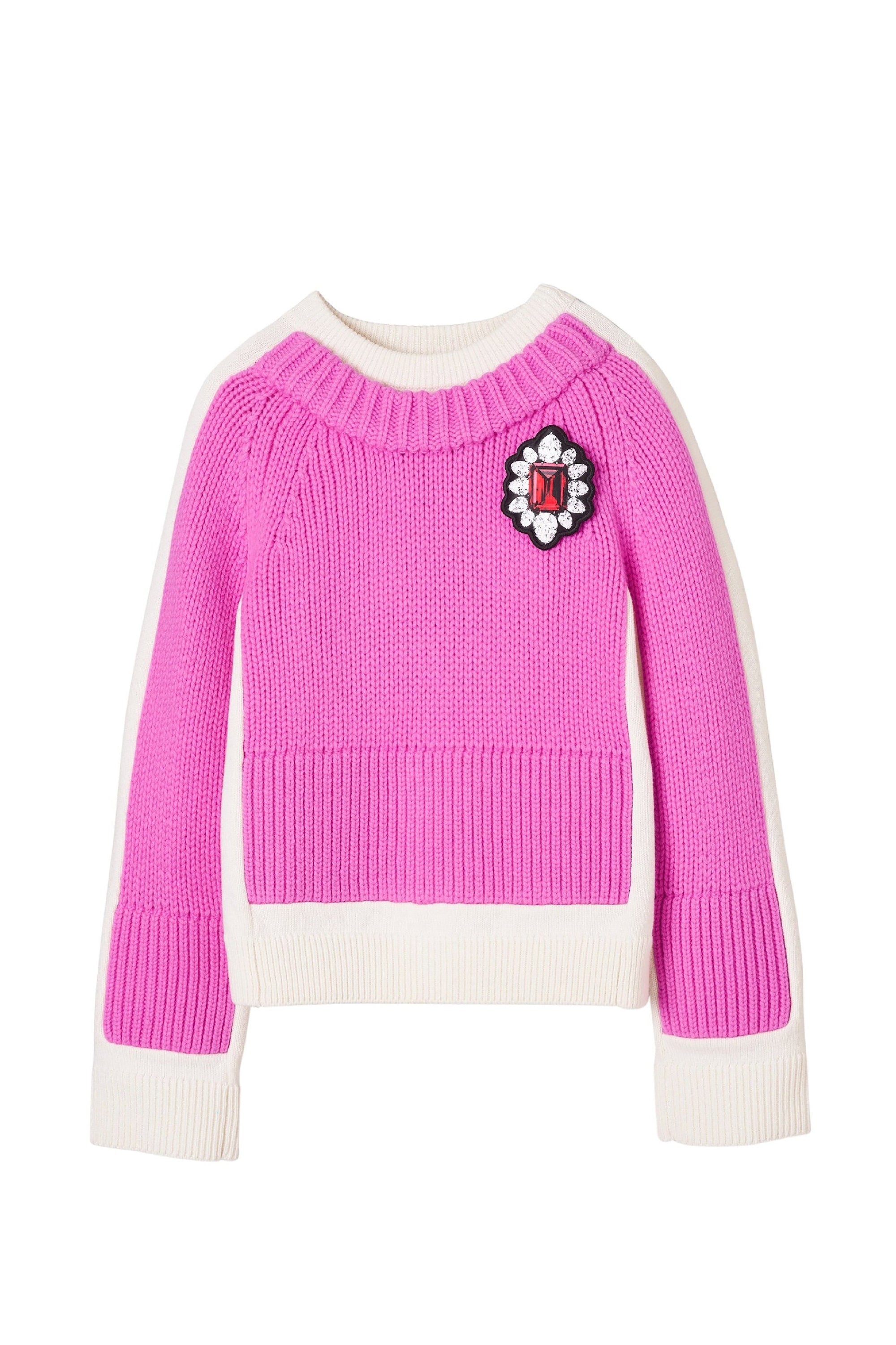 Pull à col rond Runway Trompe L'œil en laine - Ivory & Bow Pink