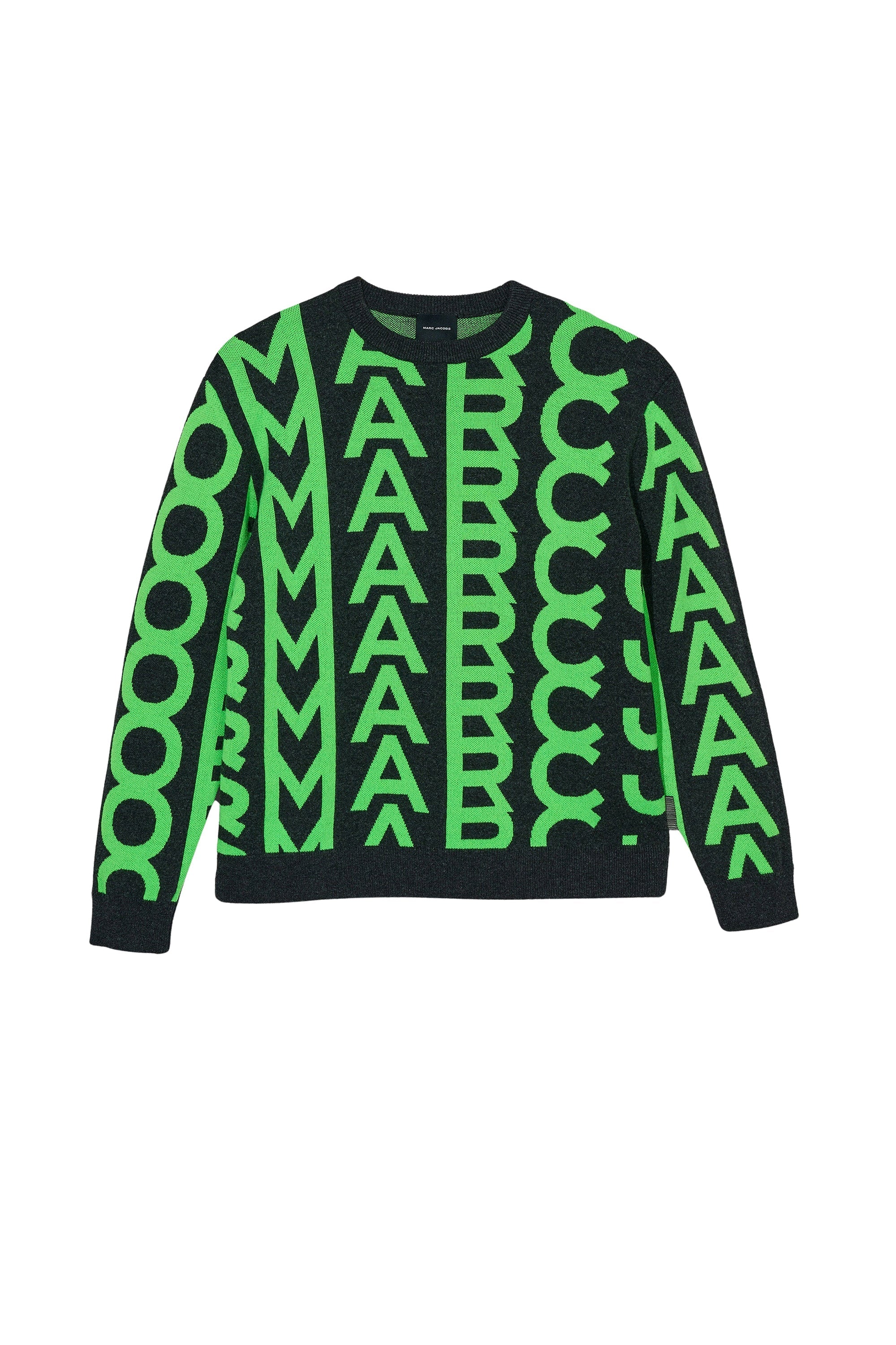 Pull Monogram à col rond en laine - Grey & Fluo Green