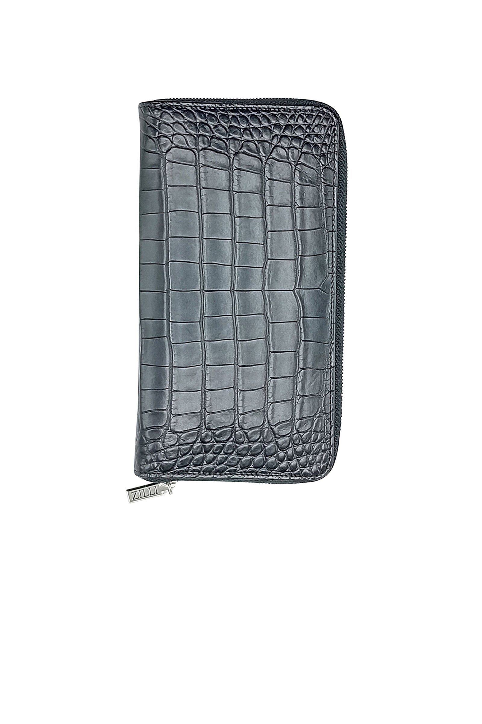 Portefeuille zippé gaufré en cuir exotique - Noir