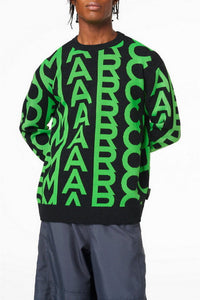 Pull Monogram à col rond en laine - Grey & Fluo Green