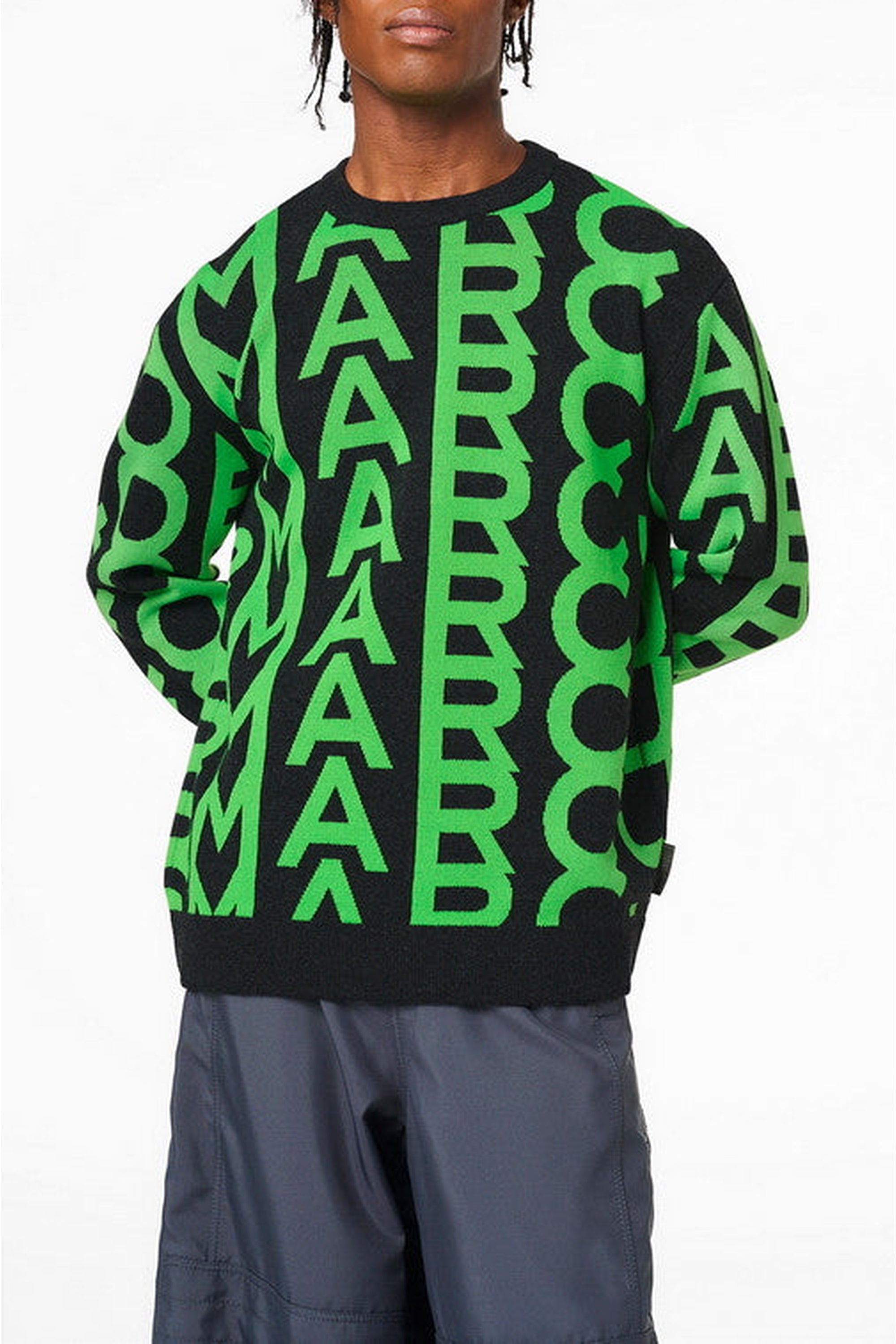 Pull Monogram à col rond en laine - Grey & Fluo Green