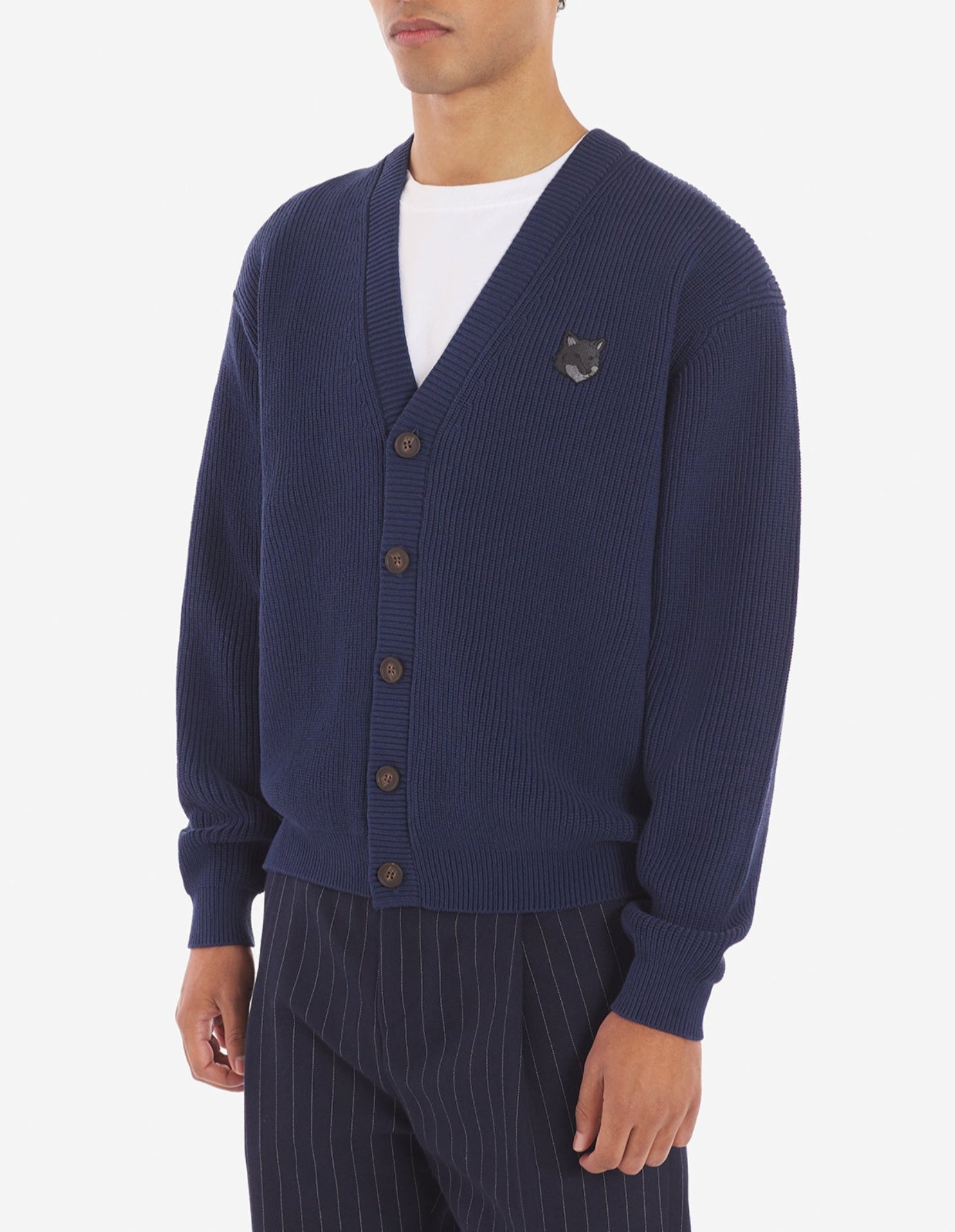 Cardigan Bold Fox Head à col V côtelé - Ink Blue
