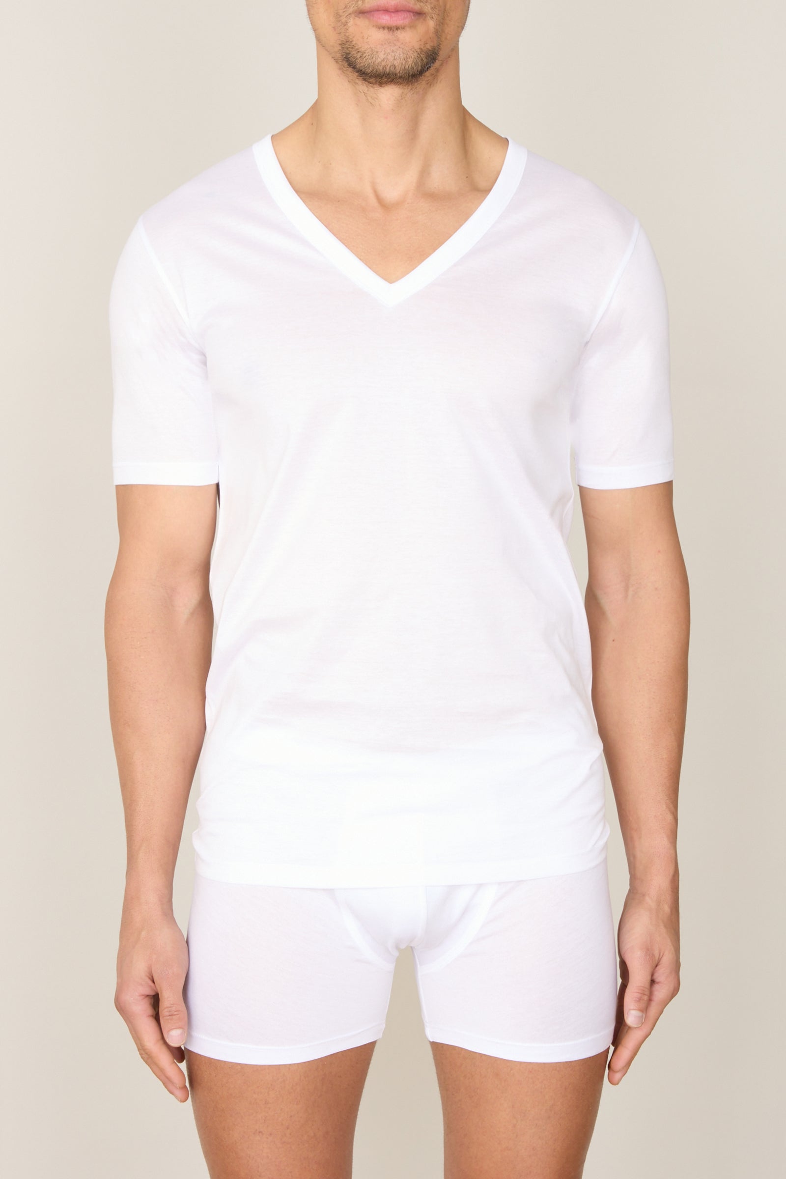 T-shirt à col V et surpiqûres - Blanc