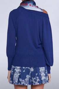 HAUT TRICOTÉ BLEU MANCHES LONGUES
