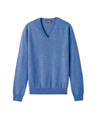 Pull à col V ajusté en cachemire - Bleu Egée
