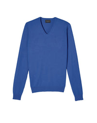 Pull à col V ajusté en cachemire - Bleu Mousquetaire