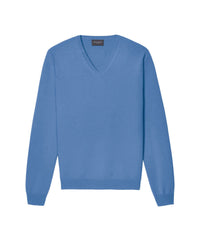 Pull à col V ajusté en cachemire - Bleu Poseidon